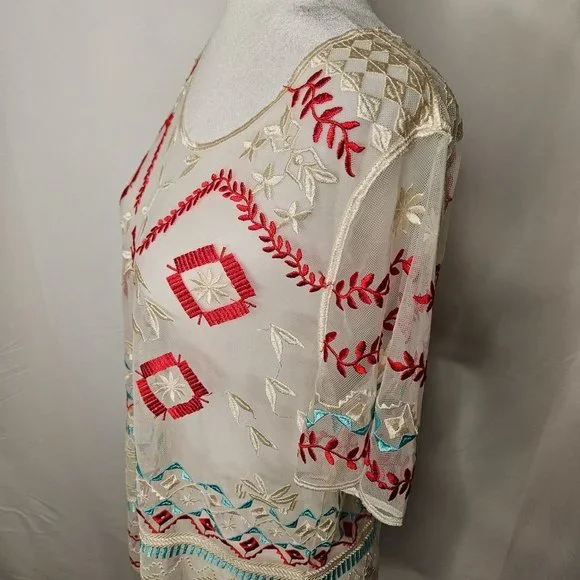 Sundance Size Large Sheer Boho Embroidered Red Turquoise Shear Short Sleeve Top - Picture 5 of 10